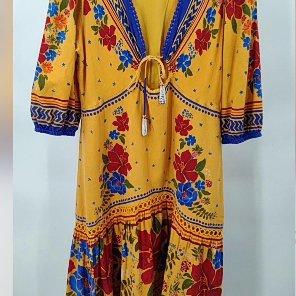 FARM Rio Yellow Floral Maxi Dress with Blue & Red Accents - Picture 4 of 16